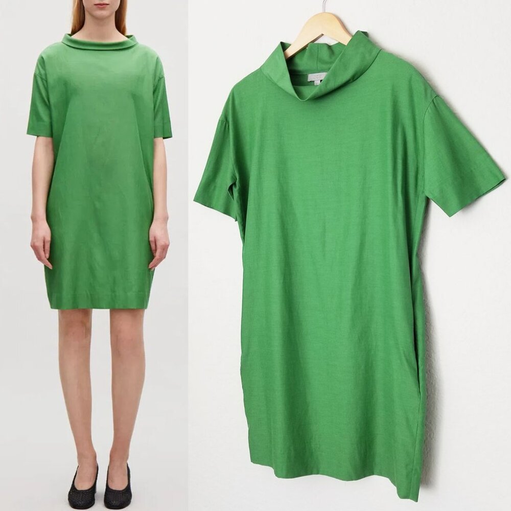 COS Folded Collar Draped Dress Green 4 Cupro Cotton Pockets Shift Minimalist